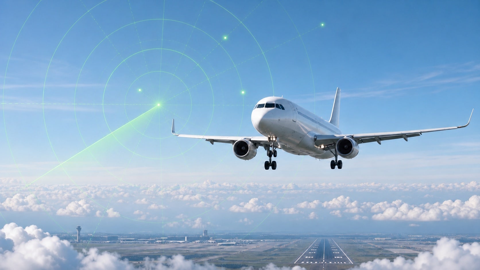 Aeronave comercial aproximándose a una pista con una visualización de radar de control aéreo.